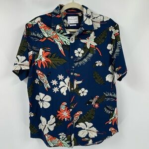 DENIM & Flower Mens Sz L ricky singh hawaiian shirt Navy Blue Parrot Tropical